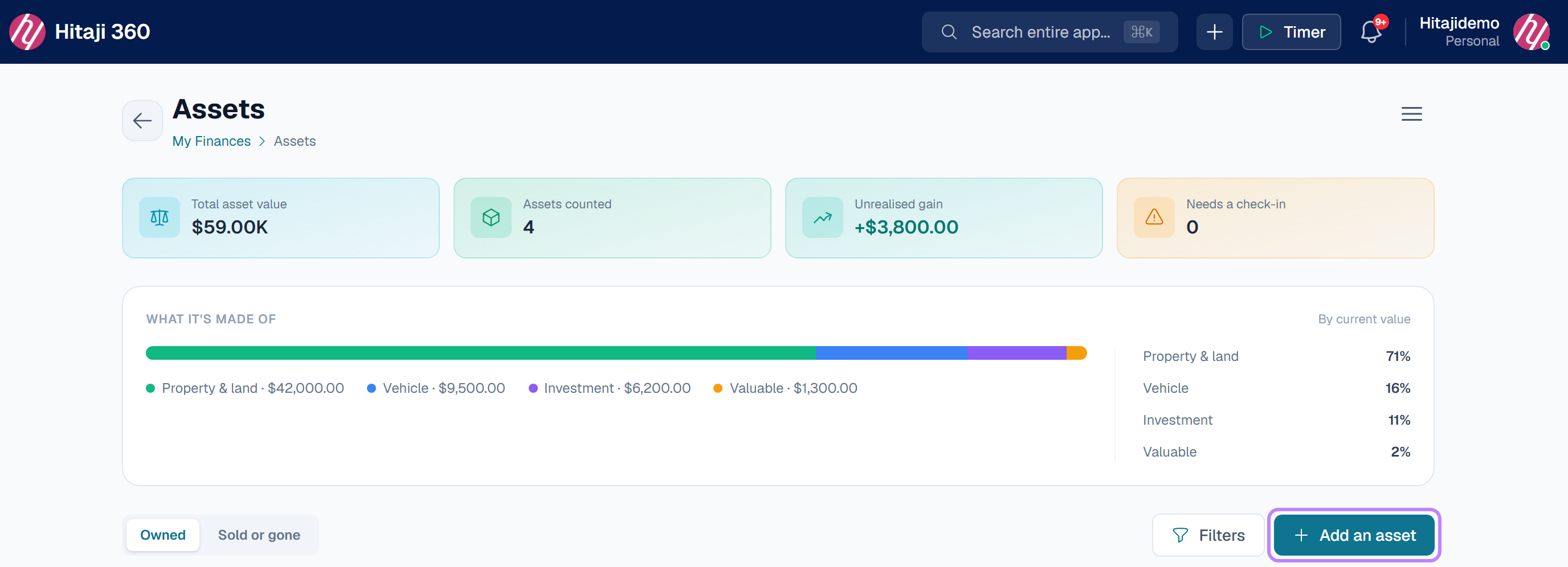 Assets under My Finances — press Add an asset