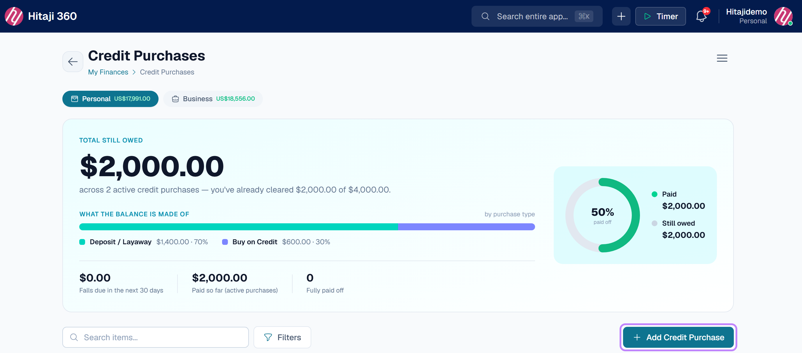 Credit Purchases under My Finances — press Add Credit Purchase