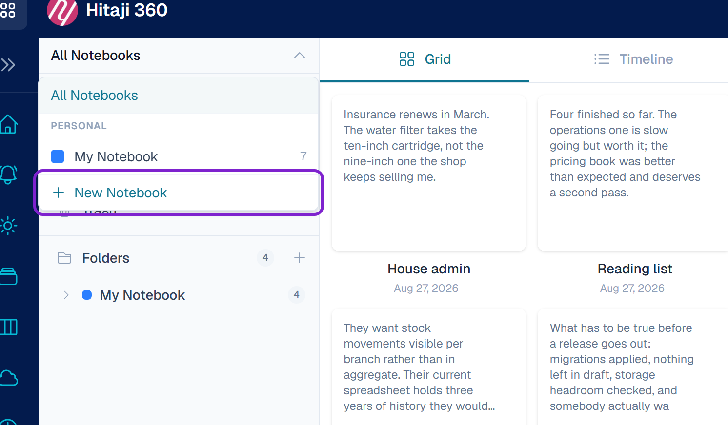 Notes — start a new notebook from the sidebar