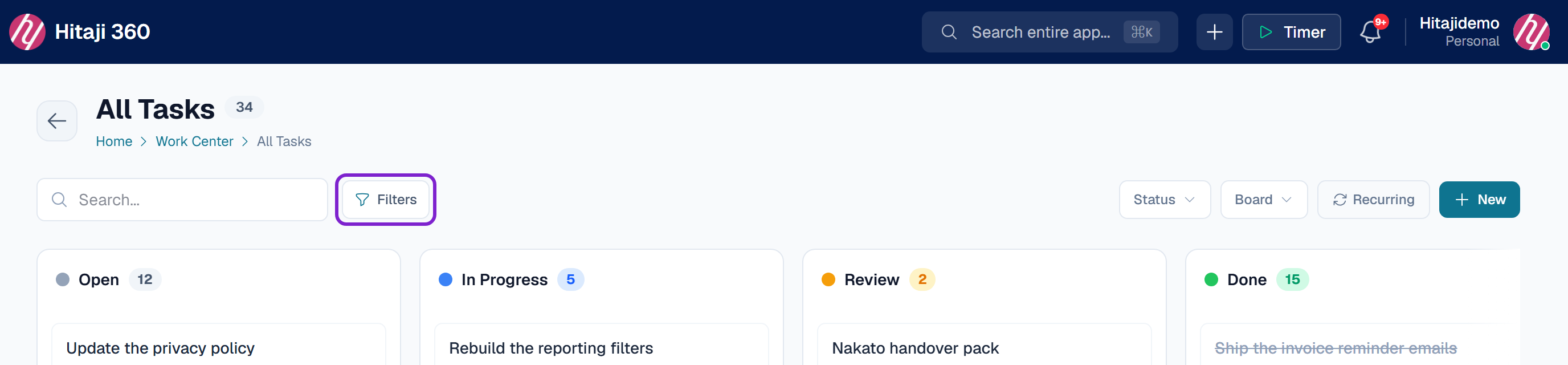 Press Filter Tasks and build the conditions you want — in the Saved Filters…
