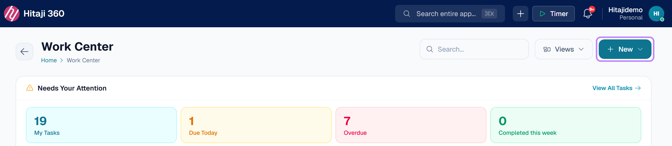 Work Center — press New in the top right and choose Create Task