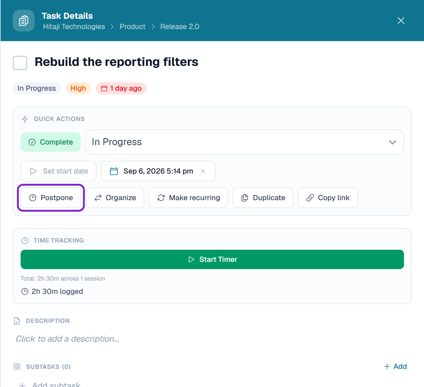 The task — choose Postpone and give it a realistic new date