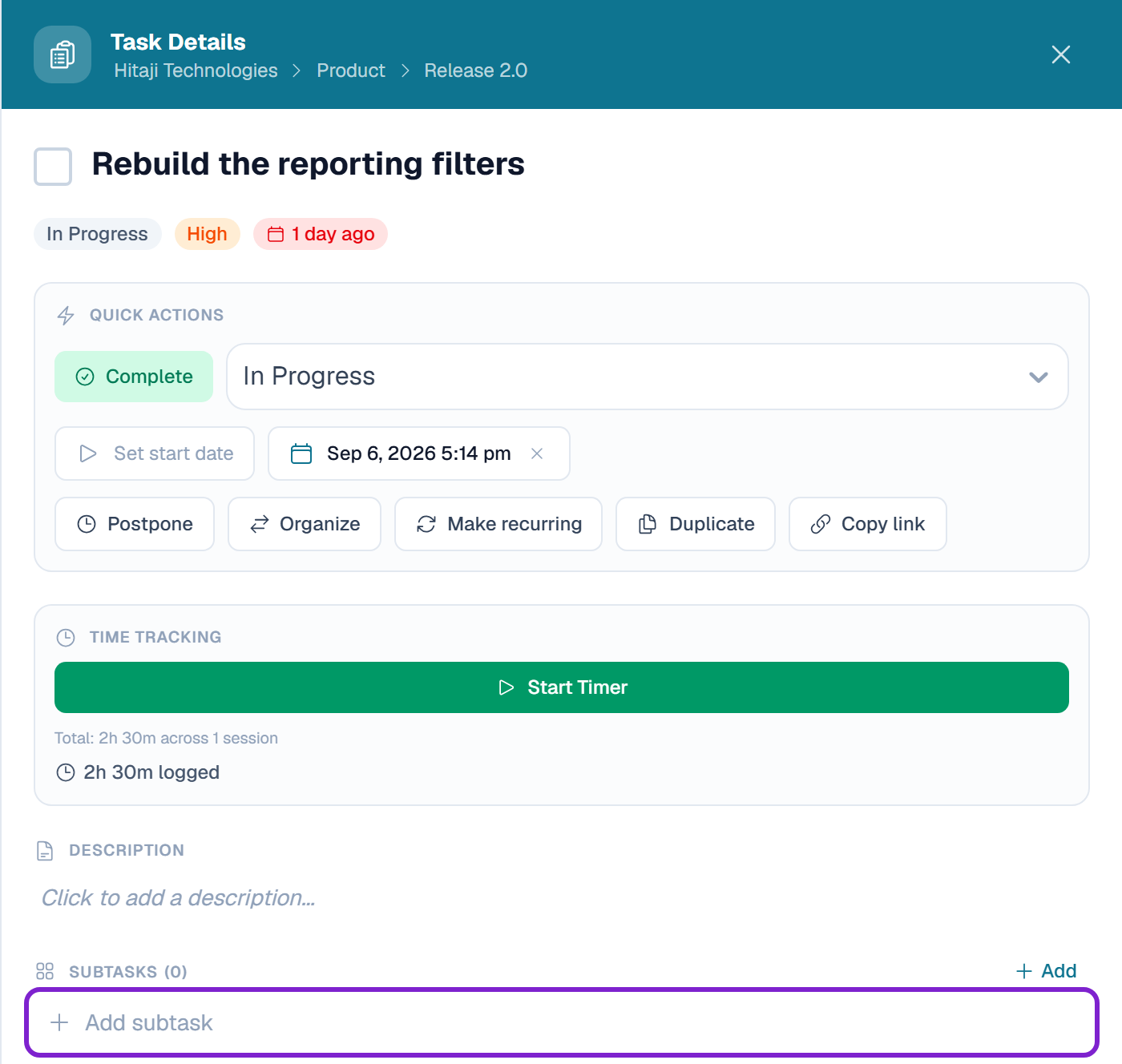 The task — find the Subtasks section and press Add subtask