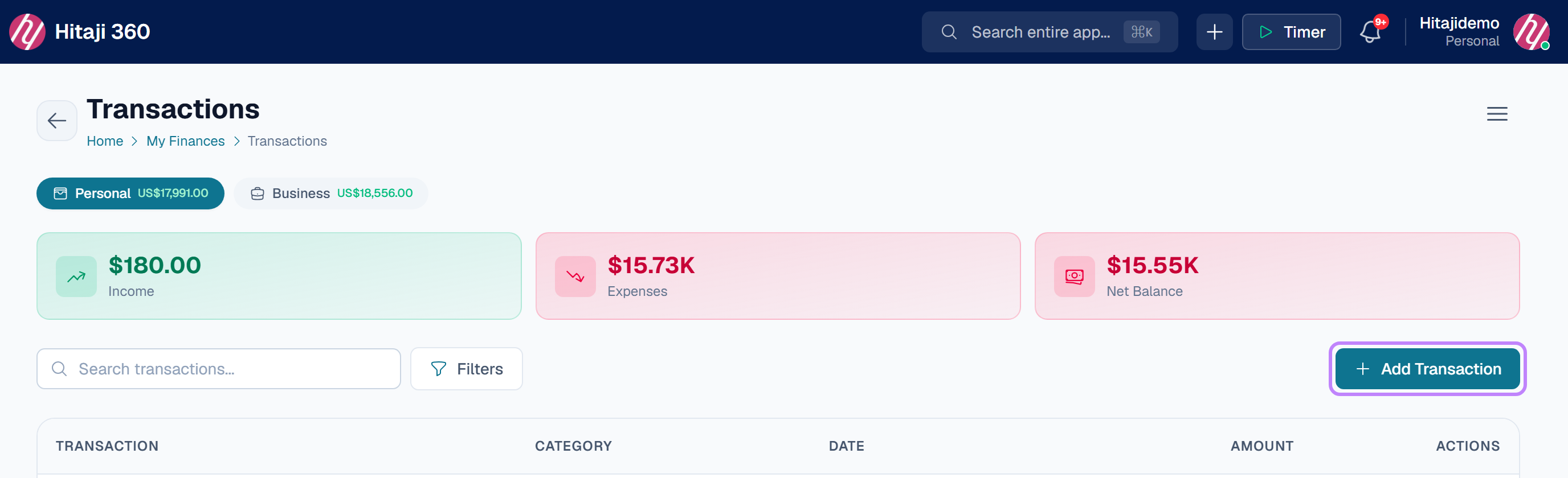 Transactions — press Add Transaction