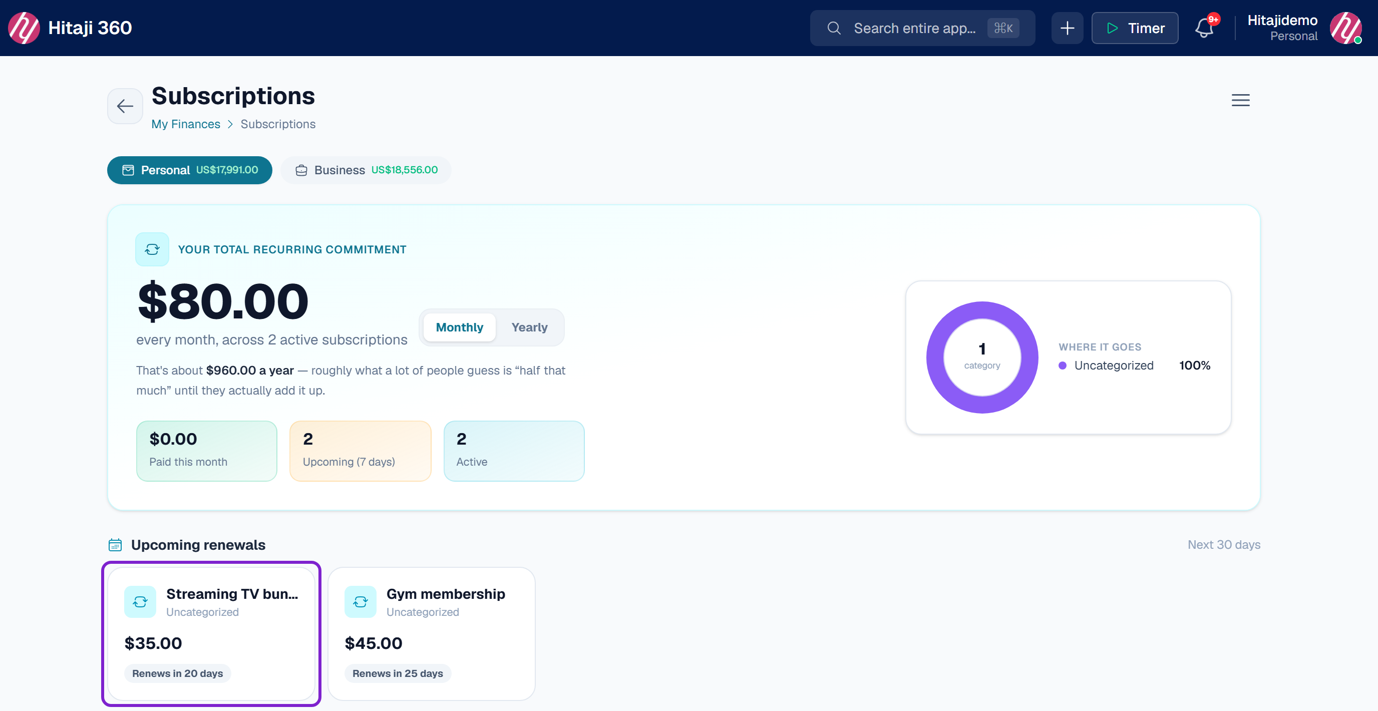 Subscriptions under My Finances — press Add Subscription
