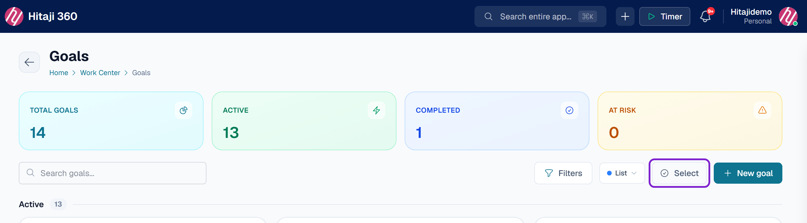 Goals and find the goal — open its menu and choose to move it