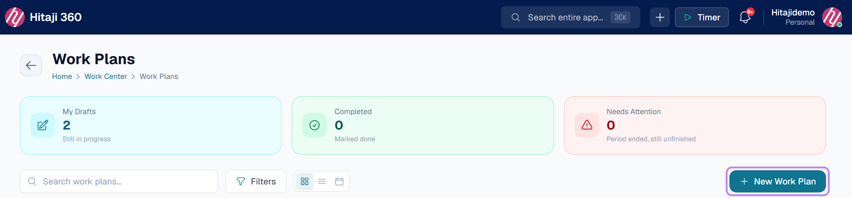 Work Plans in the Work Center — press New Work Plan
