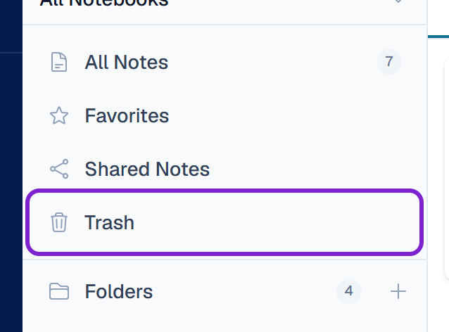 Trash in the Notes sidebar — find the note and restore it