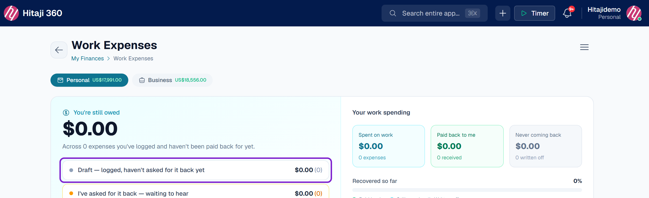 Work Expenses under My Finances — press Log Work Expense