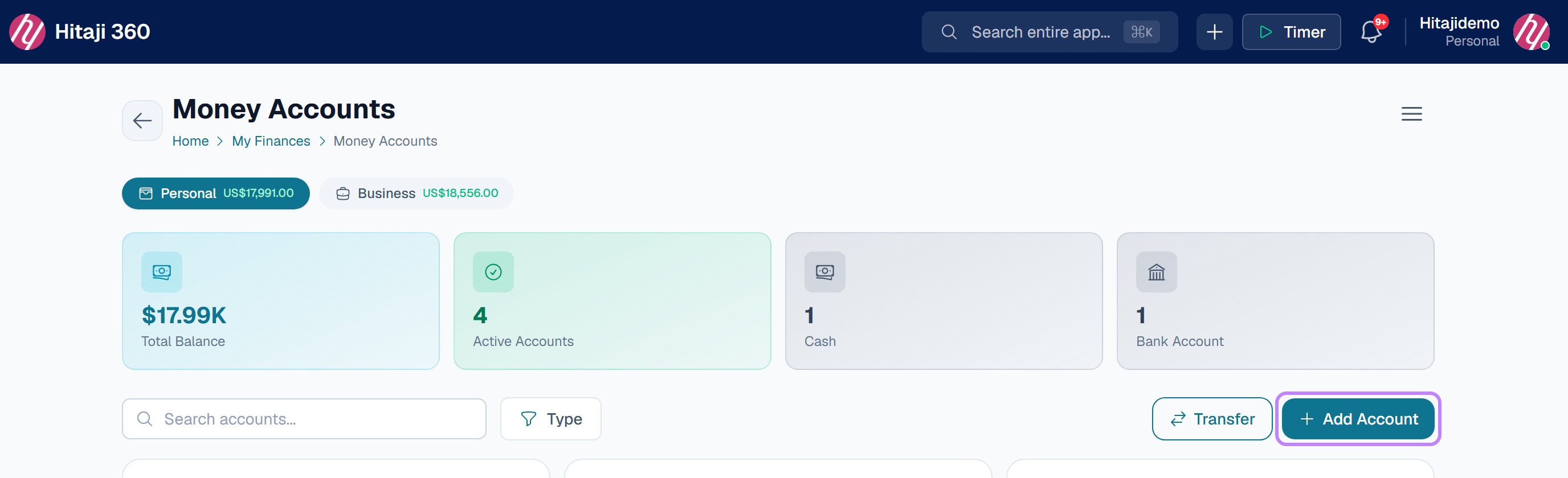 Money Accounts → Transfer. Never log it as a matching expense and income