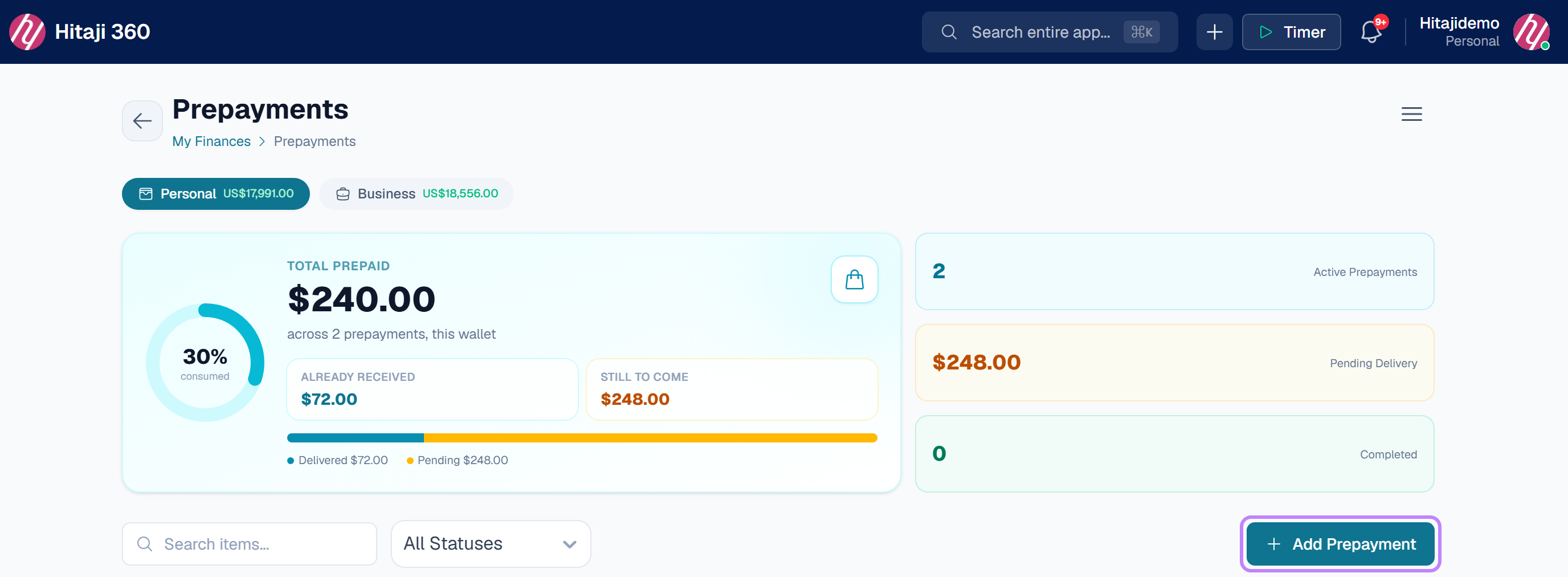 Prepayments under My Finances — press Add Prepayment