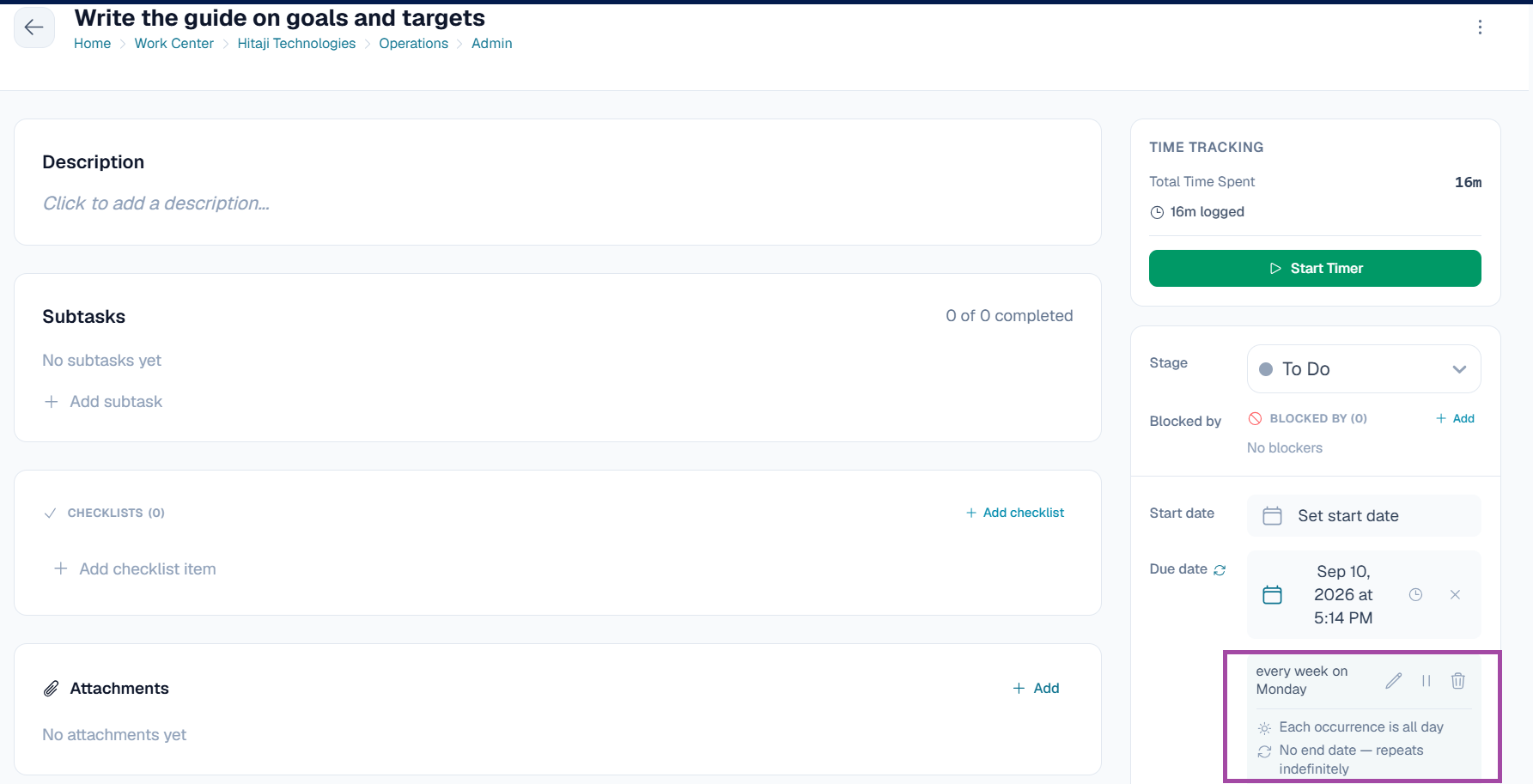 The task — choose Pause recurring to stop new occurrences while keeping the pattern